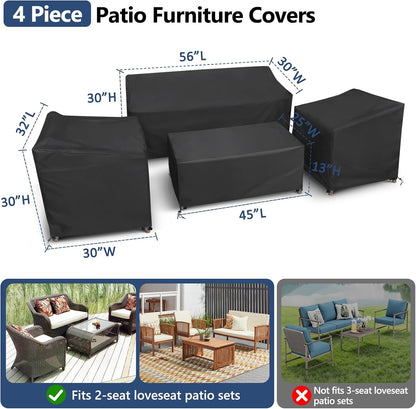 STARTWO Patio Furniture Cover 4 Piece Set, Black, Regular 420D, Outdoor Furniture Cover Waterproof for Loveseat, Lawn Chairs, Coffee Table, Windproof with Buckle Strap - 2