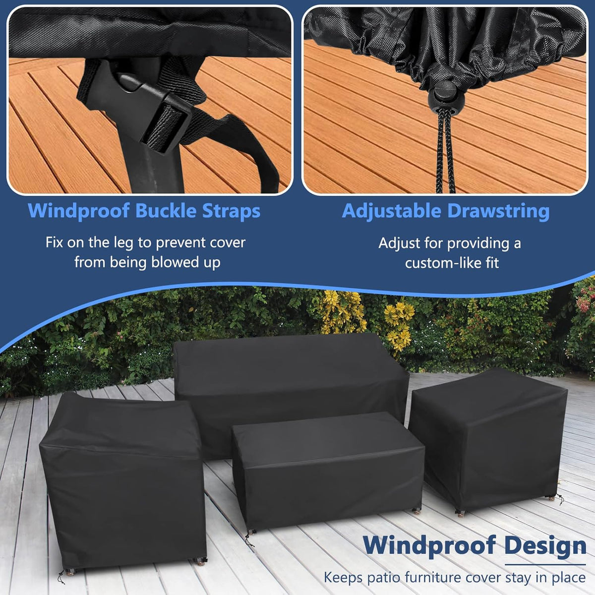 STARTWO Patio Furniture Cover 4 Piece Set, Black, Regular 420D, Outdoor Furniture Cover Waterproof for Loveseat, Lawn Chairs, Coffee Table, Windproof with Buckle Strap - 5