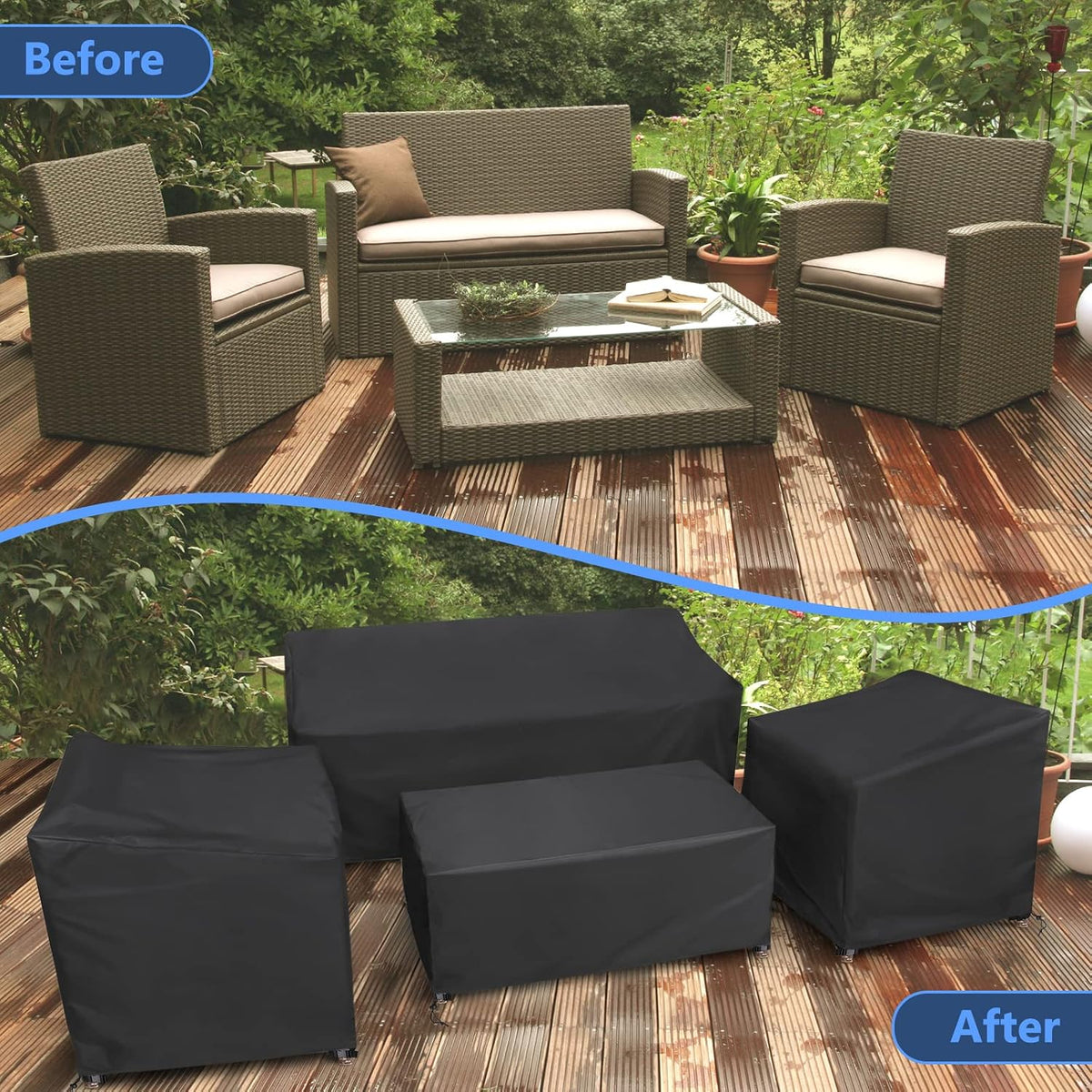 STARTWO Patio Furniture Cover 4 Piece Set, Black, Regular 420D, Outdoor Furniture Cover Waterproof for Loveseat, Lawn Chairs, Coffee Table, Windproof with Buckle Strap - 7